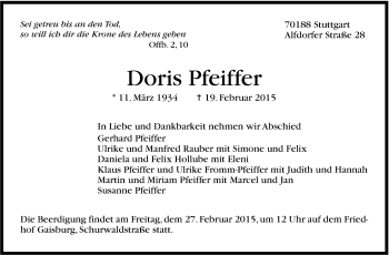 Traueranzeige von Doris Pfeiffer von Stuttgarter Zeitung / Stuttgarter Nachrichten