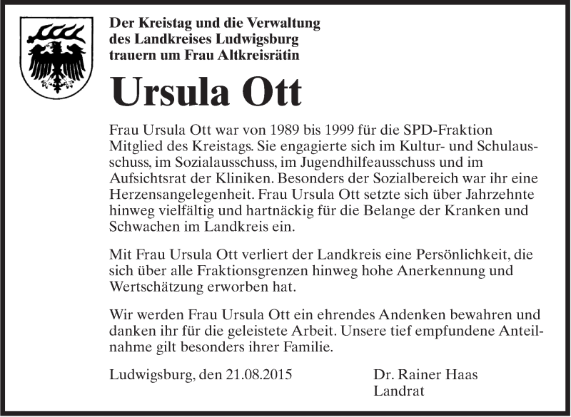  Traueranzeige für Ursula Ott vom 22.08.2015 aus Stuttgarter Zeitung / Stuttgarter Nachrichten