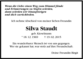 Traueranzeige von Silva Staudt von Stuttgarter Zeitung / Stuttgarter Nachrichten