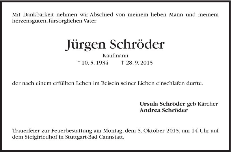  Traueranzeige für Jürgen Schröder vom 02.10.2015 aus Stuttgarter Zeitung / Stuttgarter Nachrichten