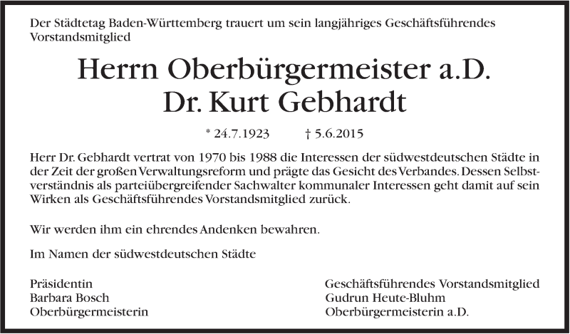  Traueranzeige für Kurt Gebhardt vom 10.06.2015 aus Stuttgarter Zeitung / Stuttgarter Nachrichten