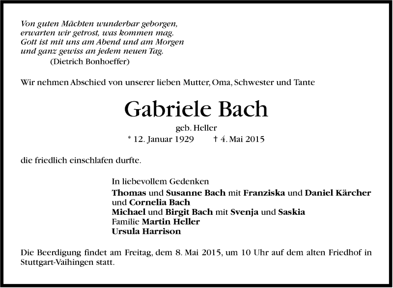  Traueranzeige für Gabriele Bach vom 06.05.2015 aus Stuttgarter Zeitung / Stuttgarter Nachrichten