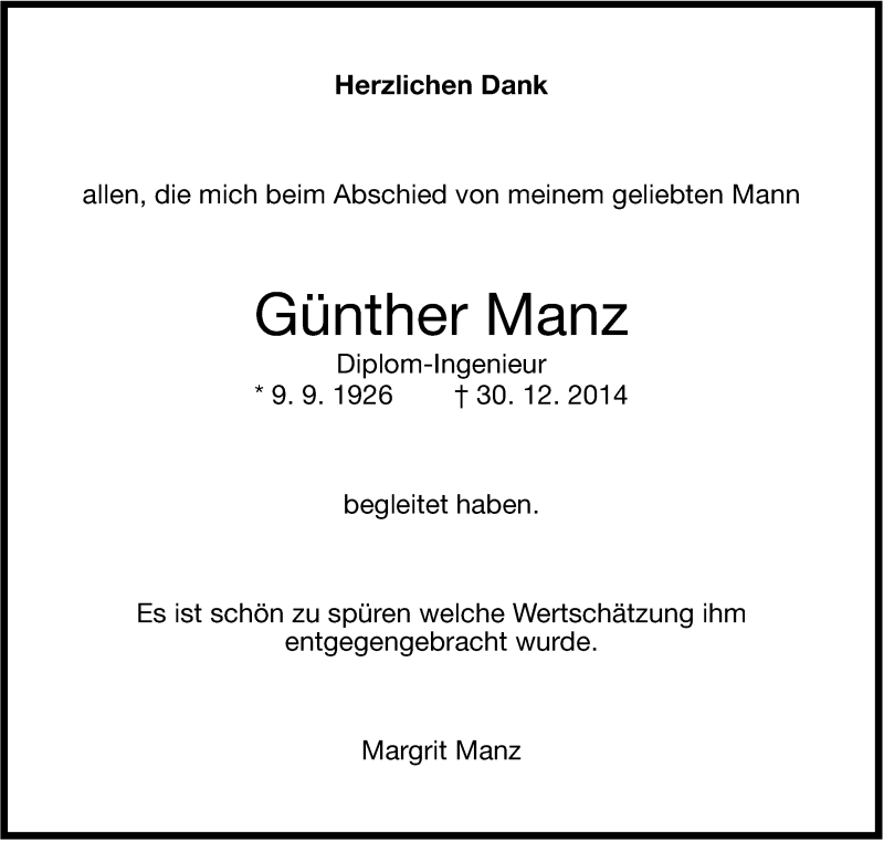  Traueranzeige für Günther Manz vom 21.01.2015 aus Stuttgarter Zeitung / Stuttgarter Nachrichten