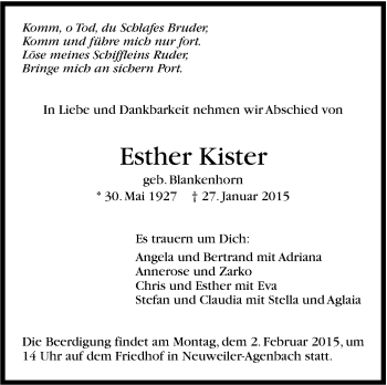 Traueranzeige von Esther Kister von Stuttgarter Zeitung / Stuttgarter Nachrichten