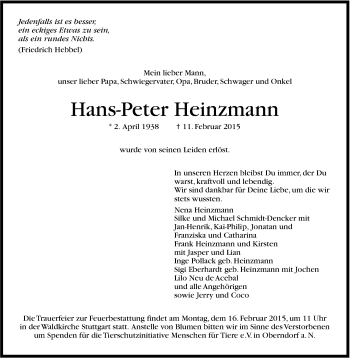 Traueranzeige von Hans-Peter Heinzmann von Stuttgarter Zeitung / Stuttgarter Nachrichten