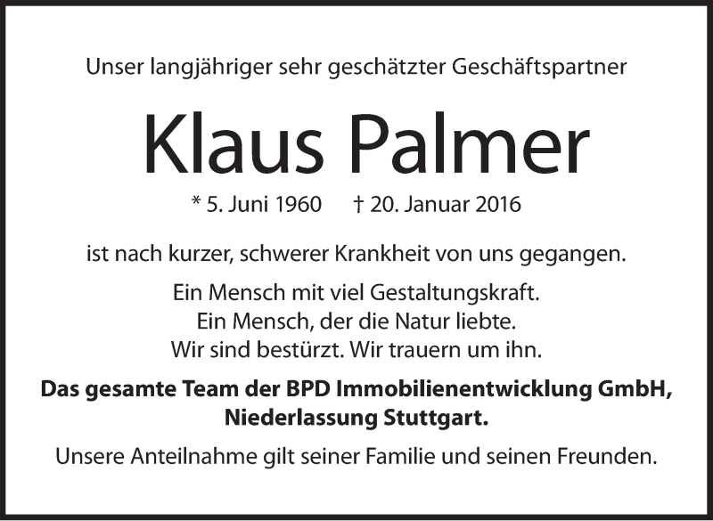  Traueranzeige für Klaus Palmer vom 23.01.2016 aus Stuttgarter Zeitung / Stuttgarter Nachrichten