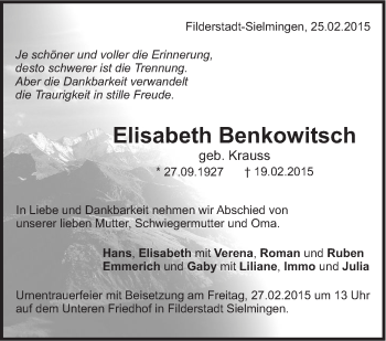 Traueranzeige von Elisabeth Benkowitsch von Stuttgarter Zeitung / Stuttgarter Nachrichten