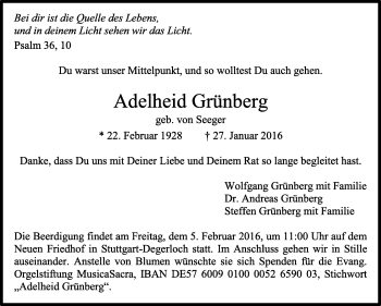 Traueranzeige von Grünberg Adelheid von Stuttgarter Zeitung / Stuttgarter Nachrichten