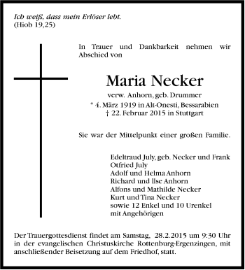 Traueranzeige von Maria Necker von Stuttgarter Zeitung / Stuttgarter Nachrichten