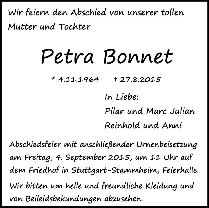  Traueranzeige für Petra Bonnet vom 31.08.2015 aus Stuttgarter Zeitung