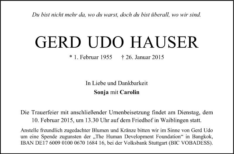  Traueranzeige für Gerd Udo Hauser vom 05.02.2015 aus Stuttgarter Zeitung / Stuttgarter Nachrichten