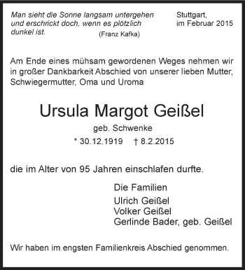 Traueranzeige von Ursula Margot Geißel von Stuttgarter Zeitung / Stuttgarter Nachrichten