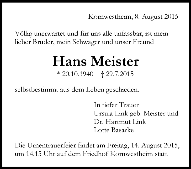  Traueranzeige für Hans Meister vom 08.08.2015 aus Stuttgarter Zeitung / Stuttgarter Nachrichten