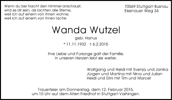 Traueranzeige von Wanda Wutzel von Stuttgarter Zeitung / Stuttgarter Nachrichten