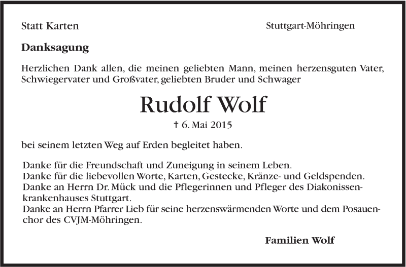  Traueranzeige für Rudolf Wolf vom 30.05.2015 aus Stuttgarter Zeitung / Stuttgarter Nachrichten