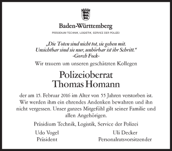 Traueranzeige von Thomas Homann von Stuttgarter Zeitung / Stuttgarter Nachrichten