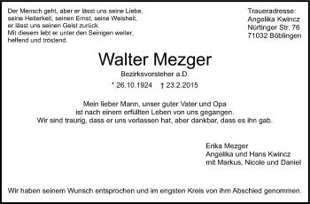 Traueranzeige von Walter Mezger von Stuttgarter Zeitung / Stuttgarter Nachrichten