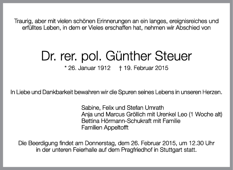  Traueranzeige für Günther Steuer vom 21.02.2015 aus Stuttgarter Zeitung / Stuttgarter Nachrichten