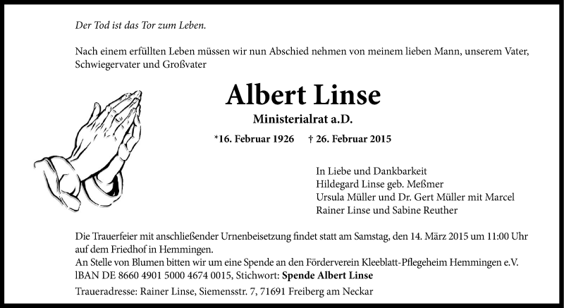  Traueranzeige für Albert Linse vom 07.03.2015 aus Stuttgarter Zeitung / Stuttgarter Nachrichten
