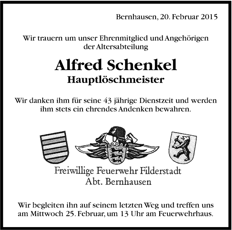  Traueranzeige für Alfred Schenkel vom 21.02.2015 aus Stuttgarter Zeitung / Stuttgarter Nachrichten