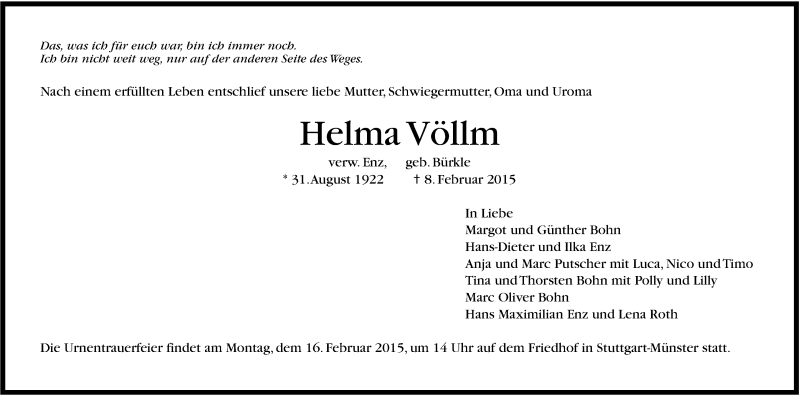  Traueranzeige für Helma Völlm vom 12.02.2015 aus Stuttgarter Zeitung / Stuttgarter Nachrichten