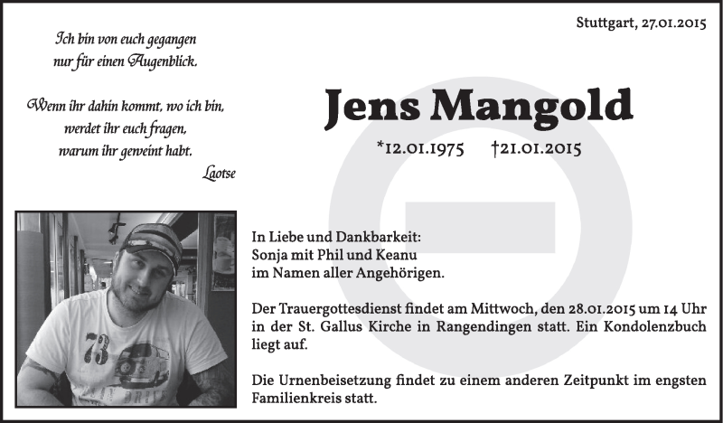  Traueranzeige für Jens Mangold vom 27.01.2015 aus Stuttgarter Zeitung / Stuttgarter Nachrichten