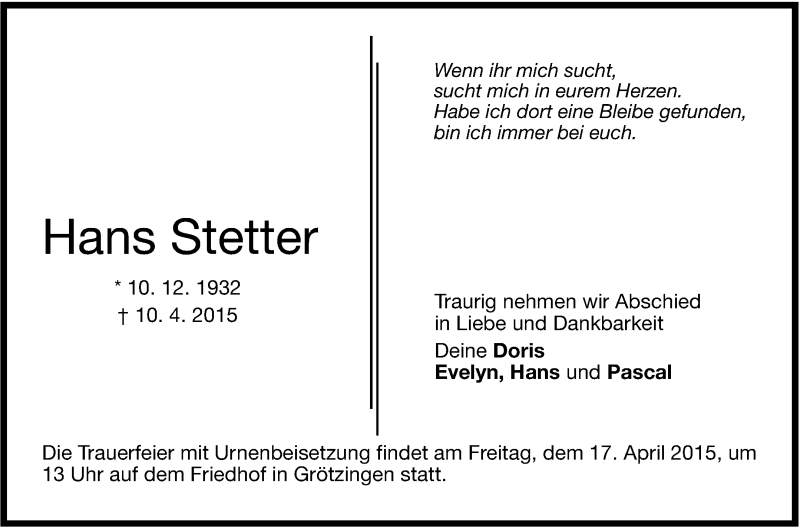  Traueranzeige für Hans Stetter vom 14.04.2015 aus Stuttgarter Zeitung / Stuttgarter Nachrichten