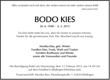 Traueranzeige von Bodo Kies von Stuttgarter Zeitung / Stuttgarter Nachrichten