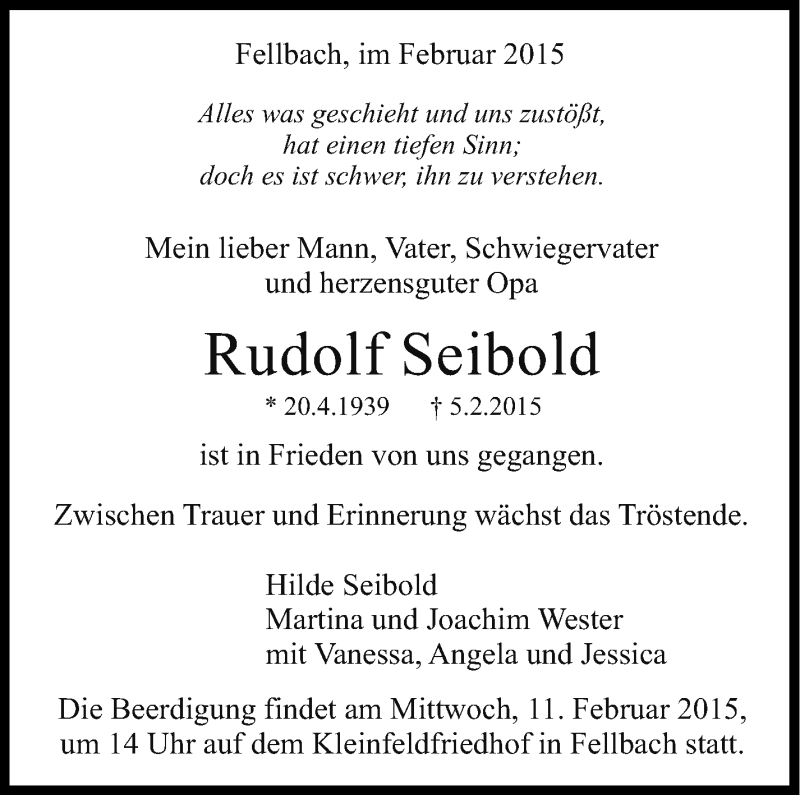  Traueranzeige für Rudolf Seibold vom 09.02.2015 aus Stuttgarter Zeitung / Stuttgarter Nachrichten