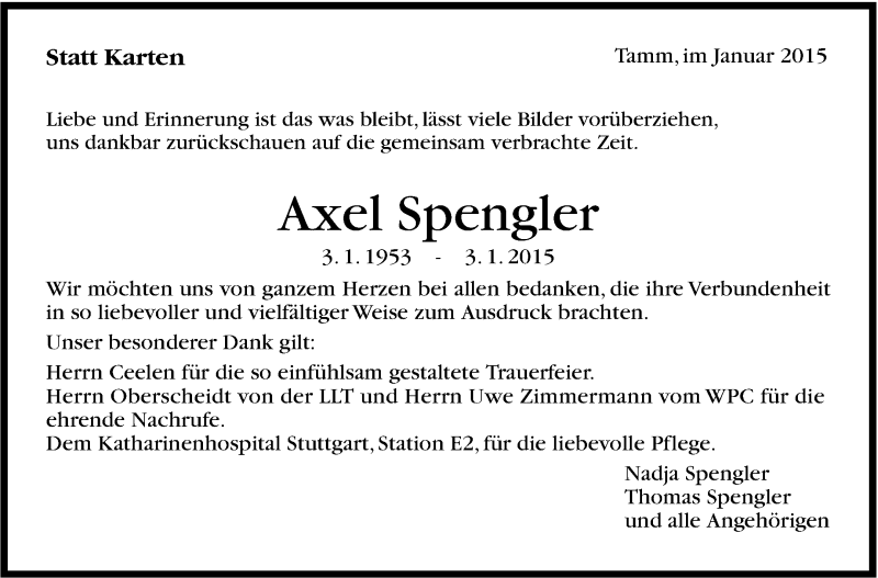  Traueranzeige für Axel Spengler vom 29.01.2015 aus Stuttgarter Zeitung / Stuttgarter Nachrichten