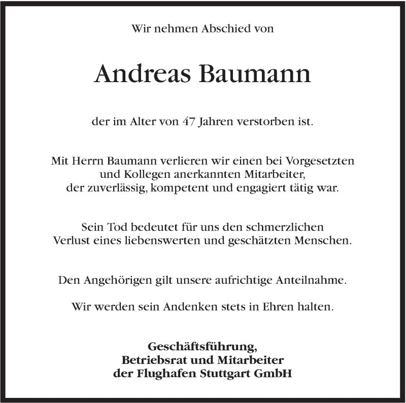  Traueranzeige für Andreas Baumann vom 23.05.2015 aus Stuttgarter Zeitung / Stuttgarter Nachrichten