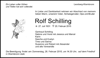 Traueranzeige von Rolf Schilling von Stuttgarter Zeitung / Stuttgarter Nachrichten