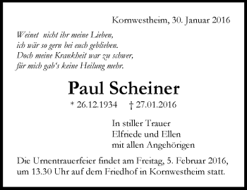 Traueranzeige von Paul Scheiner von Stuttgarter Zeitung / Stuttgarter Nachrichten