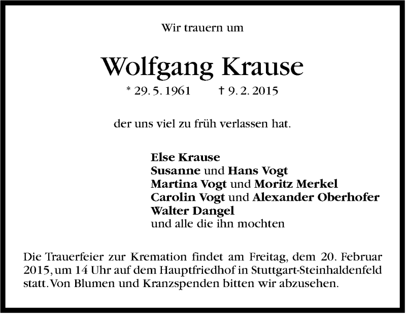  Traueranzeige für Wolfgang Krause vom 18.02.2015 aus Stuttgarter Zeitung / Stuttgarter Nachrichten