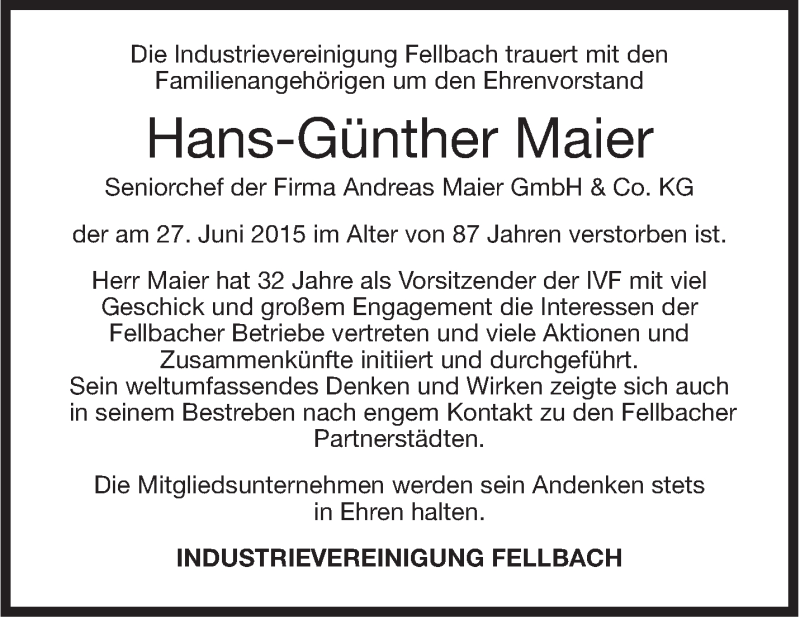  Traueranzeige für Hans-Günther Maier vom 30.06.2015 aus Stuttgarter Zeitung / Stuttgarter Nachrichten