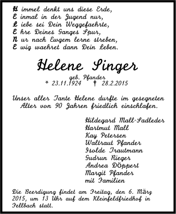 Traueranzeige von Helene Singer von Stuttgarter Zeitung / Stuttgarter Nachrichten