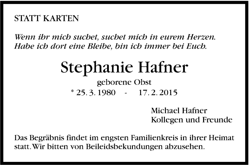  Traueranzeige für Stephanie Hafner vom 20.02.2015 aus Stuttgarter Zeitung / Stuttgarter Nachrichten