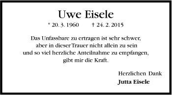 Traueranzeige von Uwe Eisele von Stuttgarter Zeitung / Stuttgarter Nachrichten