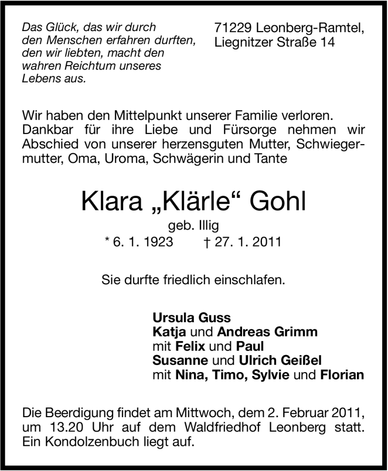  Traueranzeige für Klara Gohl vom 29.01.2011 aus Leonberger Kreiszeitung / Strohgäu Extra