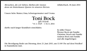 Traueranzeige von Toni Bock von Marbacher Zeitung
