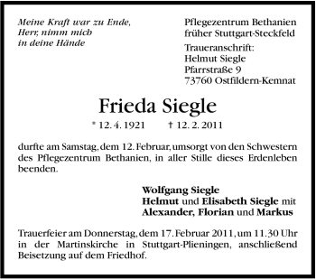 Traueranzeige von Frieda Siegle von Stuttgarter Zeitung / Stuttgarter Nachrichten