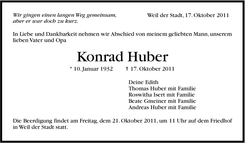  Traueranzeige für Konrad Huber vom 19.10.2011 aus Leonberger Kreiszeitung / Strohgäu Extra