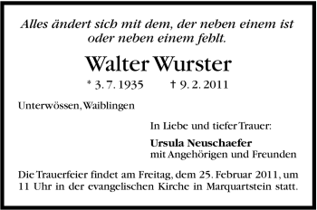 Traueranzeige von Walter Wurster von Stuttgarter Zeitung / Stuttgarter Nachrichten