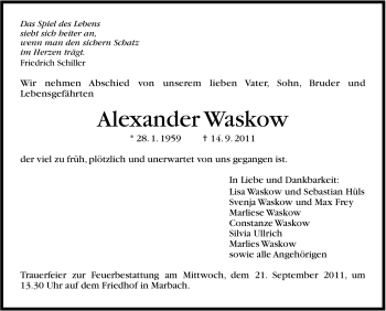 Traueranzeige von Alexander Waskow von Marbacher Zeitung