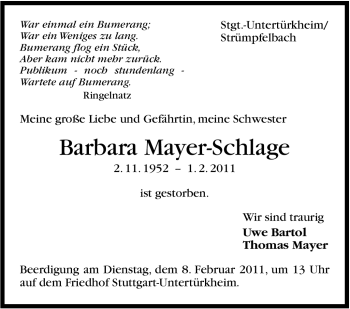 Traueranzeige von Barbara Mayer-Schlage von Stuttgarter Zeitung / Stuttgarter Nachrichten