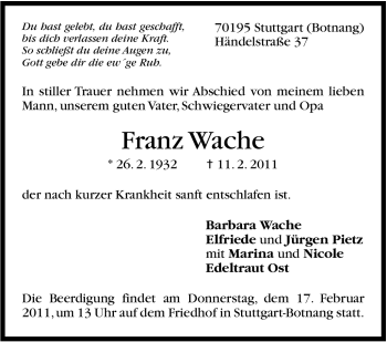 Traueranzeige von Franz Wache von Stuttgarter Zeitung / Stuttgarter Nachrichten