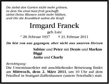 Traueranzeige von Irmgard Franek von Stuttgarter Zeitung / Stuttgarter Nachrichten