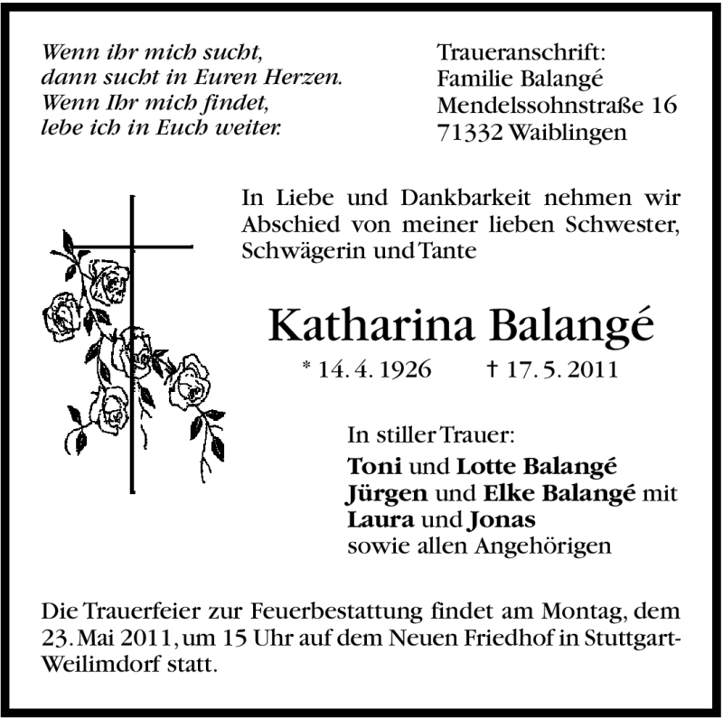  Traueranzeige für Katharina Balangé vom 19.05.2011 aus Stuttgarter Zeitung / Stuttgarter Nachrichten