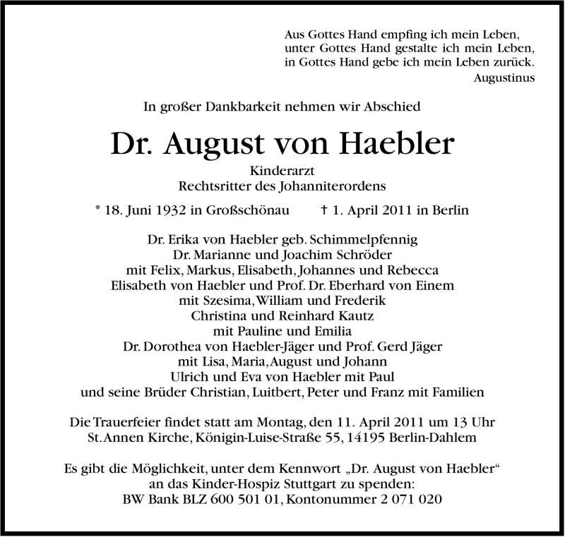  Traueranzeige für August von Haebler vom 09.04.2011 aus Stuttgarter Zeitung / Stuttgarter Nachrichten