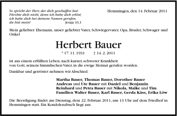 Traueranzeige von Herbert Bauer von Leonberger Kreiszeitung / Strohgäu Extra